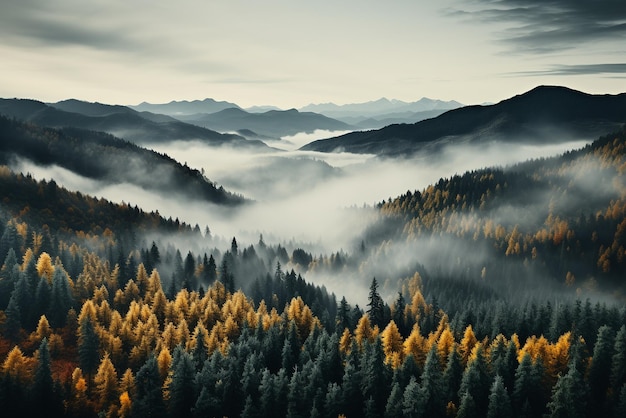 Alta cima della foresta durante una calma giornata d'autunno Alberi colorati nella foresta Bellissimo paesaggio