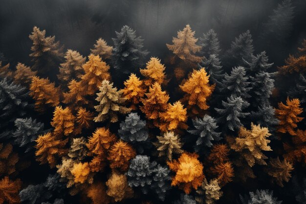 Alta cima della foresta durante una calma giornata d'autunno Alberi colorati nella foresta Bellissimo paesaggio