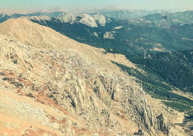 Alta montagna di roccia naturale con piante in una calda vacanza di campagna in montagna