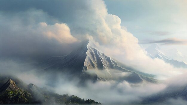 Alta montagna nella nebbia e nelle nuvole