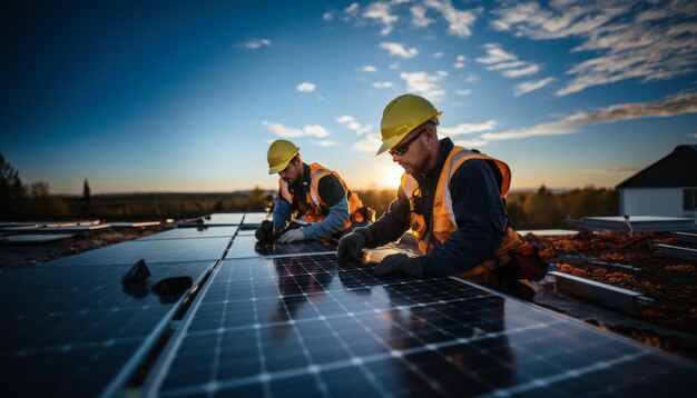 Alta qualità stock photography Due ingegneri che installano pannelli solari sul tetto