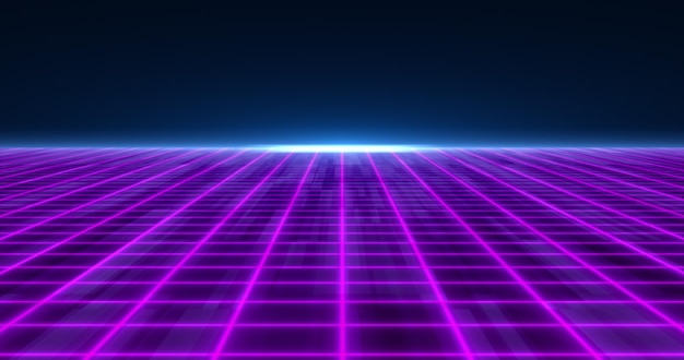 Alta tecnologia futuristica della griglia laser al neon incandescente viola astratta con linee di energia sulla superficie