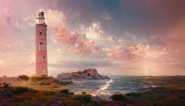 Alta torre del faro sulla costa dell'oceano con prato fiorito