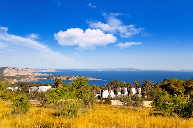 Alta vista del campo dorato di Ibiza con l&#39;isola di formentera