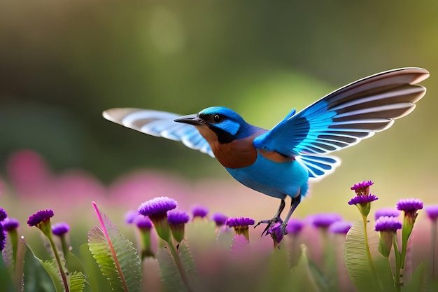 Altamente dettagliato un bellissimo uccello jay Un uccello blu con le ali spiegate davanti a fiori viola