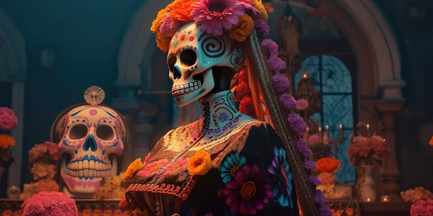 Altare del Dia de Muertos con un'IA generativa di Catrina splendidamente colorata