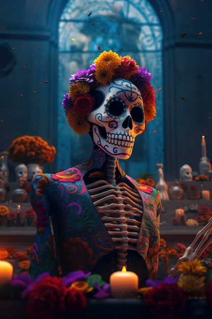 Altare del giorno dei morti con una vivida figura di Catrina IA generativa