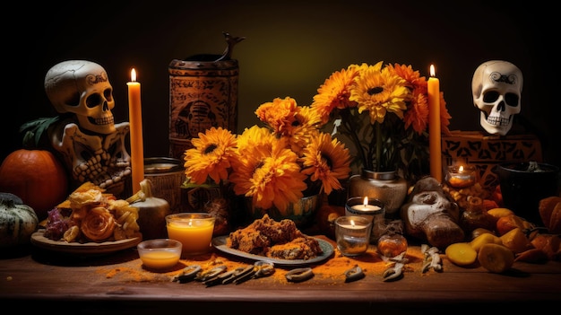 Altare messicano del Dia de los Muertos con candele di calendule e cibi preferiti Aria profumata