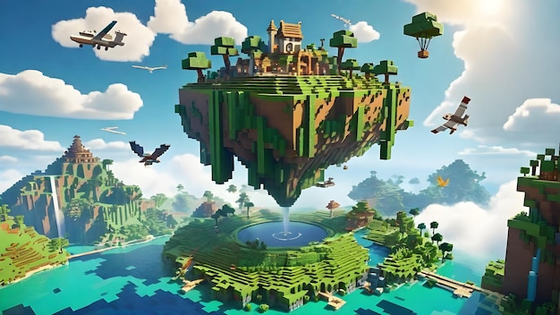 Altezza dettagliata dell'isola di Minecraft appesa nell'aria con le nuvole dal gioco voxel di vista laterale