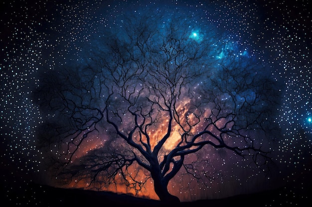 Alto albero ramificato che brilla nell'oscurità nella notte delle stelle