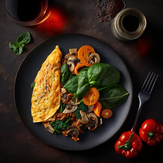 Alto angolo di colazione frittata in padella con pomodori ed erbe