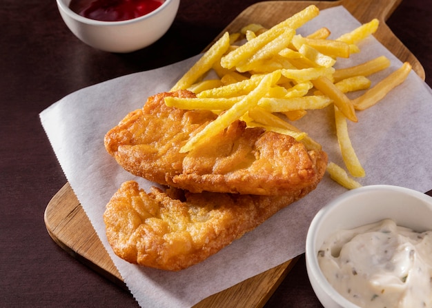 Alto angolo di fish and chips sul tagliere con salse