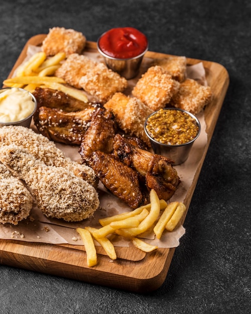 Alto angolo di pollo fritto con pepite e patatine fritte