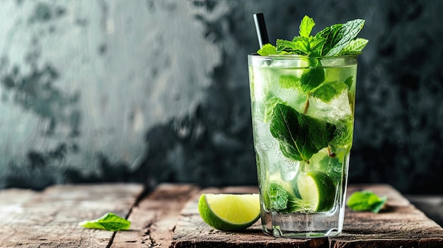 Alto bicchiere di rinfrescante cocktail mojito guarnito con bevanda fresca con un grado coppa club bar alcol estetica bevanda aromatica e bel concetto di azienda generativo da AI