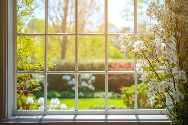 Alto davanzale bianco con giardino di primavera sullo sfondo