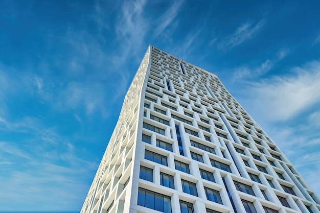 Alto edificio urbano contemporaneo con design geometrico contro il cielo blu nuvoloso in una giornata di sole