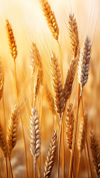 alto panorama verticale stretto orecchie d'oro di grano nel campo raccolto maturo pronto per la raccolta