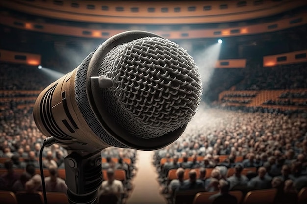 Altoparlante audio con microfono che si esibisce dal vivo in una sala da concerto creata con intelligenza artificiale generativa