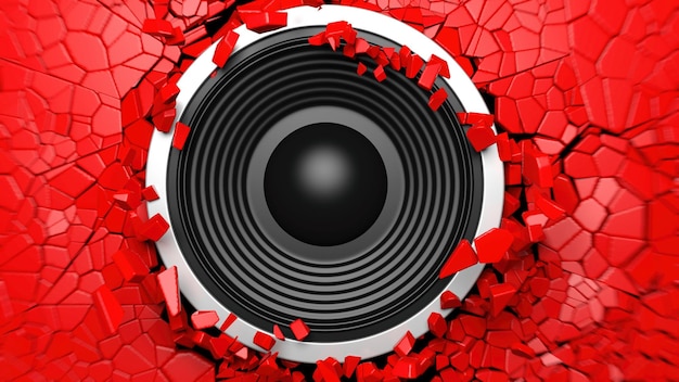 Altoparlante audio nero su sfondo muro rosso incrinato 3d'illustrazione