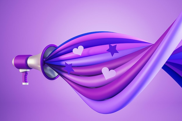 Altoparlante creativo con onda sonora colorata su sfondo viola Voto e lotta per il tuo concetto di diritti Rendering 3D