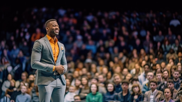 Altoparlante motivazionale uomo afroamericano sul palco IA generativa