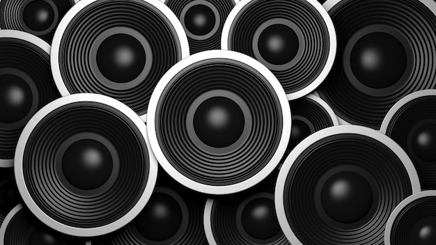 Altoparlanti audio neri multipli di varie dimensioni sfondo illustrazione 3d