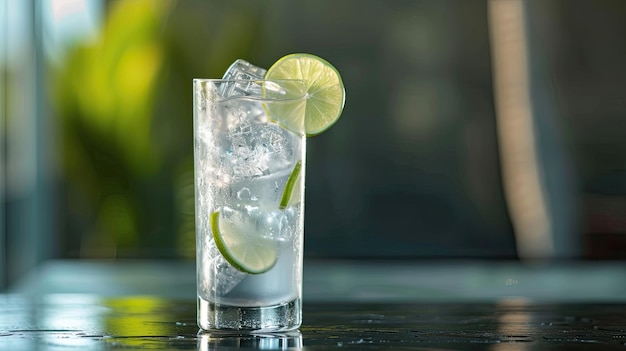 Altro bicchiere di classico gin and tonic cocktail con un tocco di limone bevanda con un grado coppa club bar alcol estetica bevanda aromatica e bel concetto di azienda generativa da AI