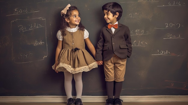 Alunno ragazzo e ragazza in piedi davanti alla lavagna nera Coppia di scolari Generato AI