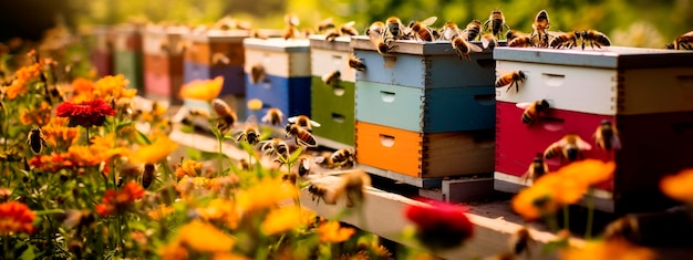 Alveari di alveari e fiori nel prato Animale di IA generativa