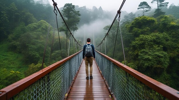 Alza la vista del pioniere che cammina sulla passerella verso la foresta Risorsa creativa generata dall'intelligenza artificiale