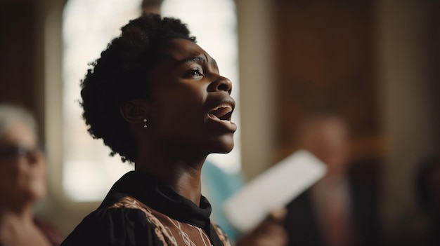 Alzando la voce Donna afroamericana che canta con passione in chiesa