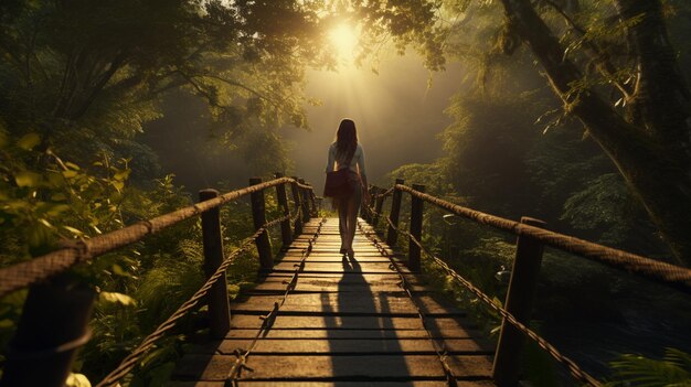 Alzare la vista di un pioniere che cammina su un ponte pedonale verso la foresta Risorsa creativa AI generata