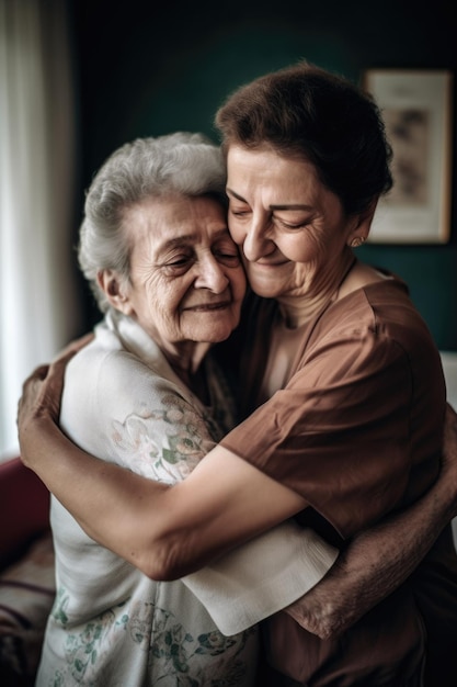 ama la cura e l'abbraccio con una donna anziana nel salotto di casa, legando e godendo della connessione creata con l'intelligenza artificiale generativa