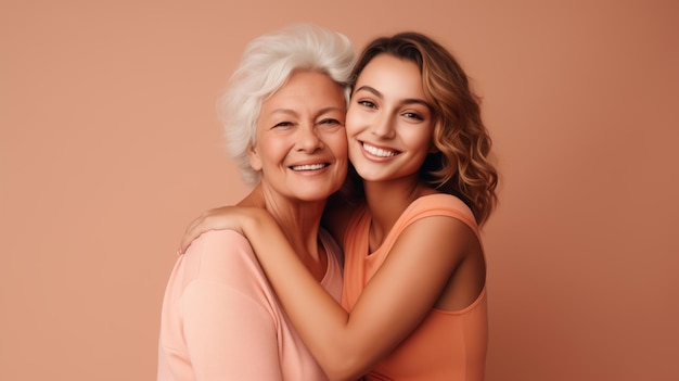 Amabile sorridente felice genitore anziano madre con giovane figlia adulta due donne insieme indossano vestiti casual abbracciarsi bacio coccole