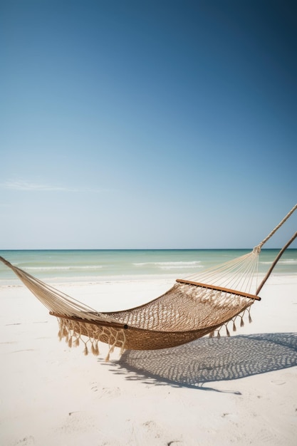 Amaca di vimini sulla spiaggia con cielo blu creata utilizzando la tecnologia generativa ai