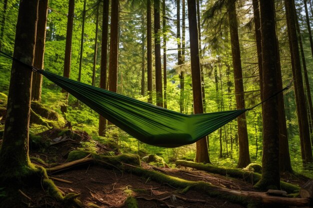 Amaca solitaria appesa tra due alberi nella foresta