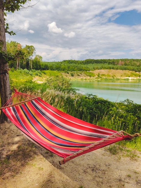 Amaca tra il lago di alberi sullo sfondo