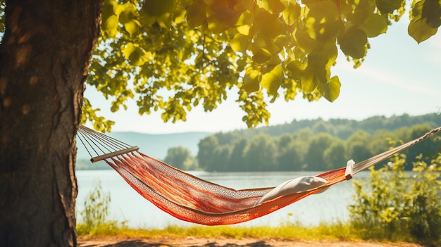 Amaca vuota all'aperto in una giornata di sole sulla spiaggia del fiume