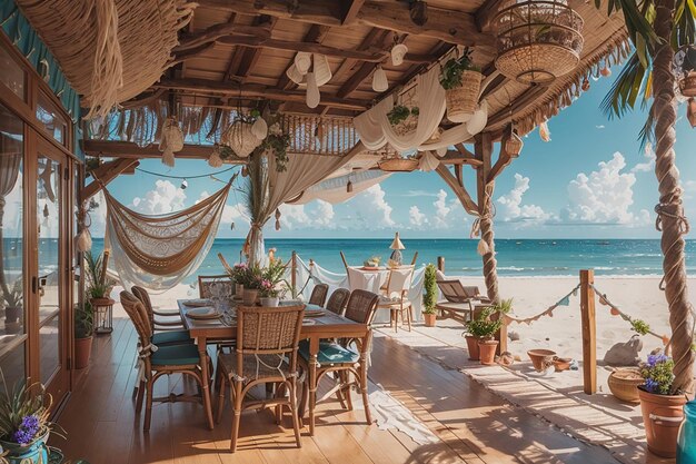 Amache da pranzo Boho sulla spiaggia, decorazioni in legno e vibrazioni costiere