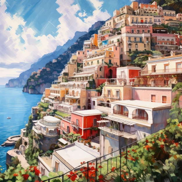 Amalfi sulle colline che scendono verso la costa La Costiera Amalfitana è la destinazione di viaggio più popolare Generative ai