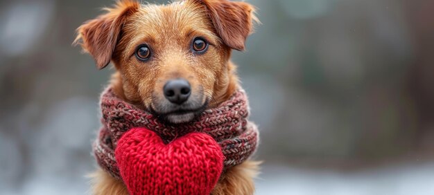 Amante carino Valentino cucciolo di cane sdraiato con un cuore rosso isolato su uno sfondo grigio