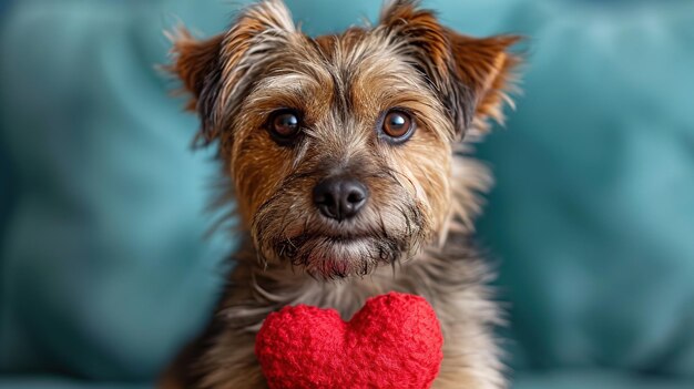 Amante carino Valentino cucciolo di cane sdraiato con un cuore rosso isolato sullo sfondo blu