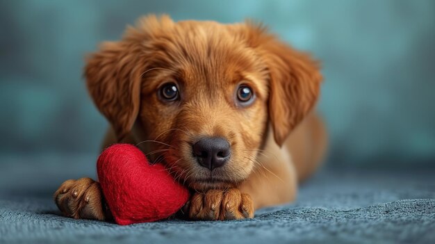 Amante carino Valentino cucciolo di cane sdraiato con un cuore rosso isolato sullo sfondo blu