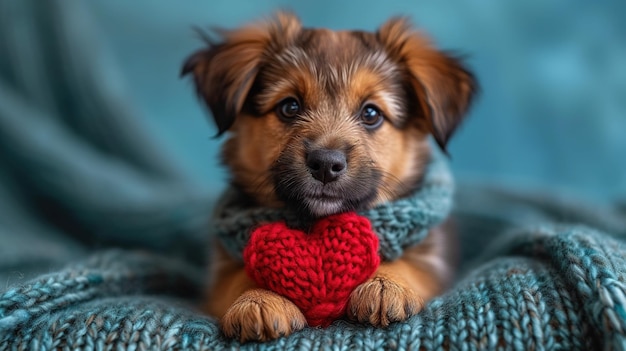 Amante carino Valentino cucciolo di cane sdraiato con un cuore rosso isolato sullo sfondo blu