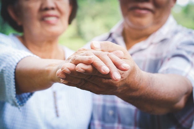 Amanti anziani che si tengono per mano ballando in giardino Divertirsi nella vita di pensionamento. Concetti di comunità senior