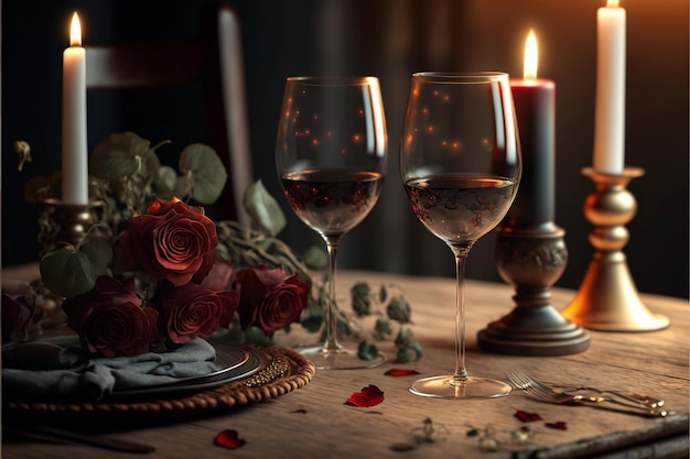 Amanti che festeggiano l'anniversario o la cena romantica di San Valentino Due bicchieri di vino rosso e candele sulla scrivania in legno