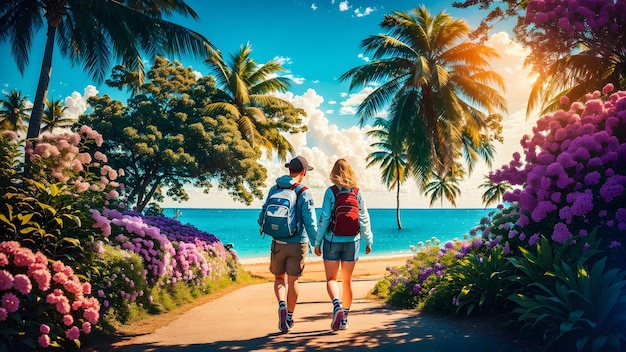 Amanti del rimorchio che camminano nel paradiso vicino alla spiaggia