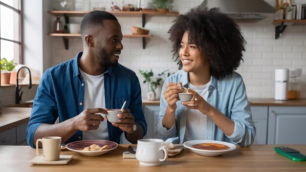 Amanti sani seduti in cucina a fare colazione.