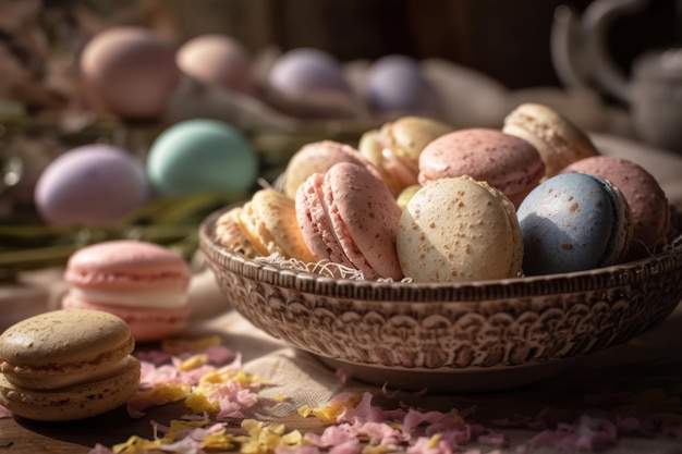 Amaretti colorati in una ciotola con fiori sul tavolo