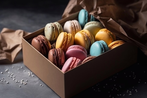 Amaretti colorati in una scatola di legno Dono Macarons Spazio di copia AI generativa